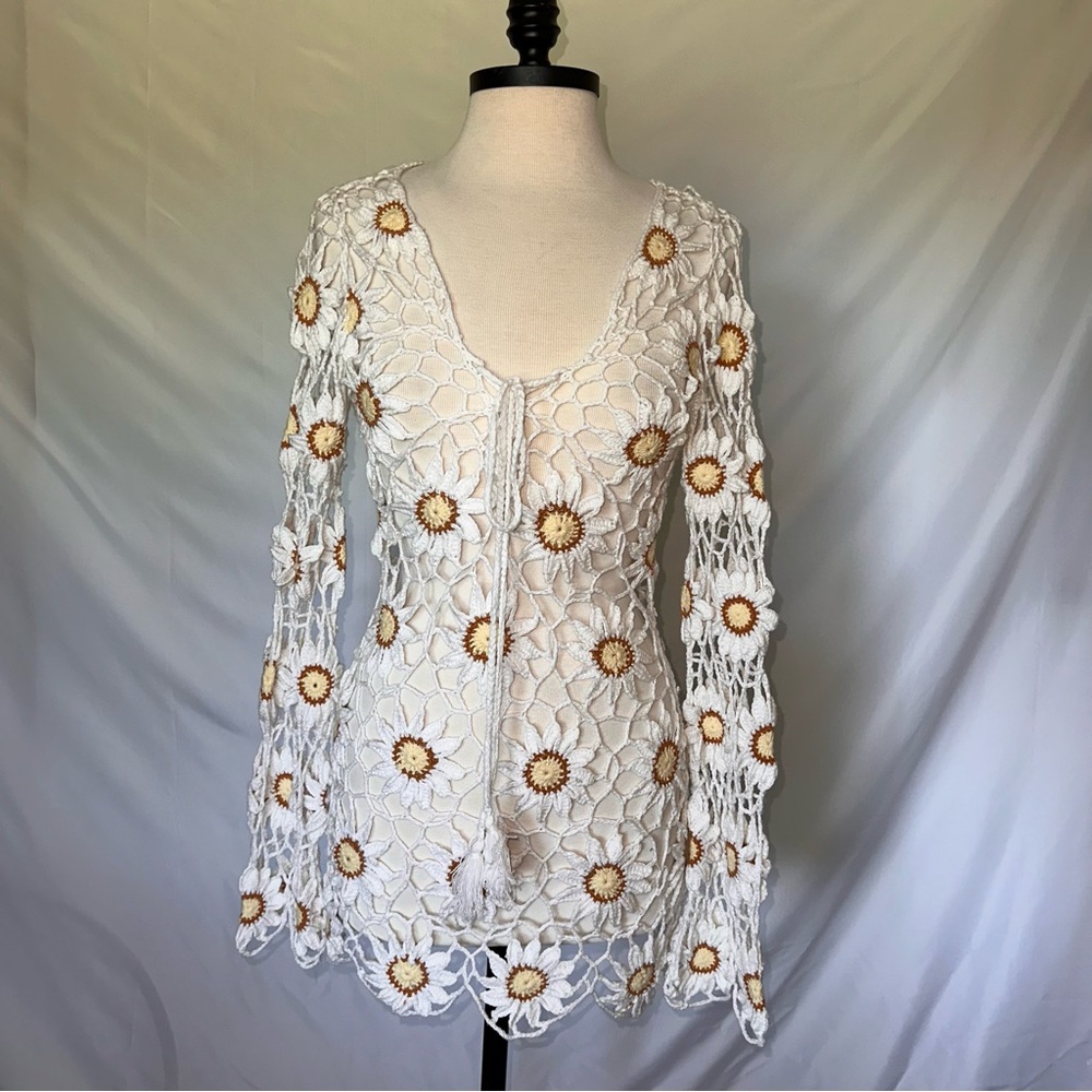 NWT Beige Botany Flower Child Crochet Dress Swim Coverup